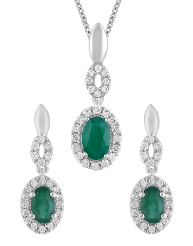 Emerald Set- 14ct White Gold Diamond Set & Natural Emerald Pendant & Earrings