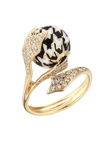 Roberto Bravo - 14ct Yellow Gold White Sapphire Black & White Enamel Ring - 771263