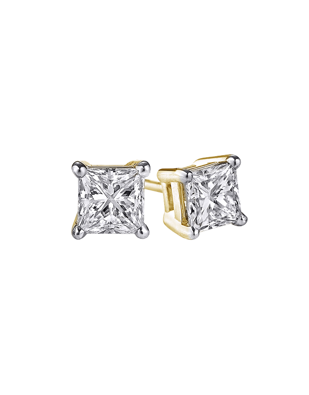 Princess cut diamond stud earrings yellow gold discount