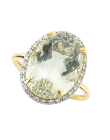 Green Amethyst - 14ct Yellow Gold Green Amethyst and Diamond Cocktail Ring - 790328