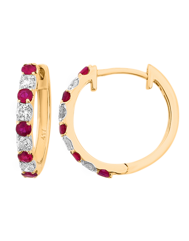 Ruby Earrings - 10ct Yellow Gold Ruby & Diamond Hoop Earrings - 786276