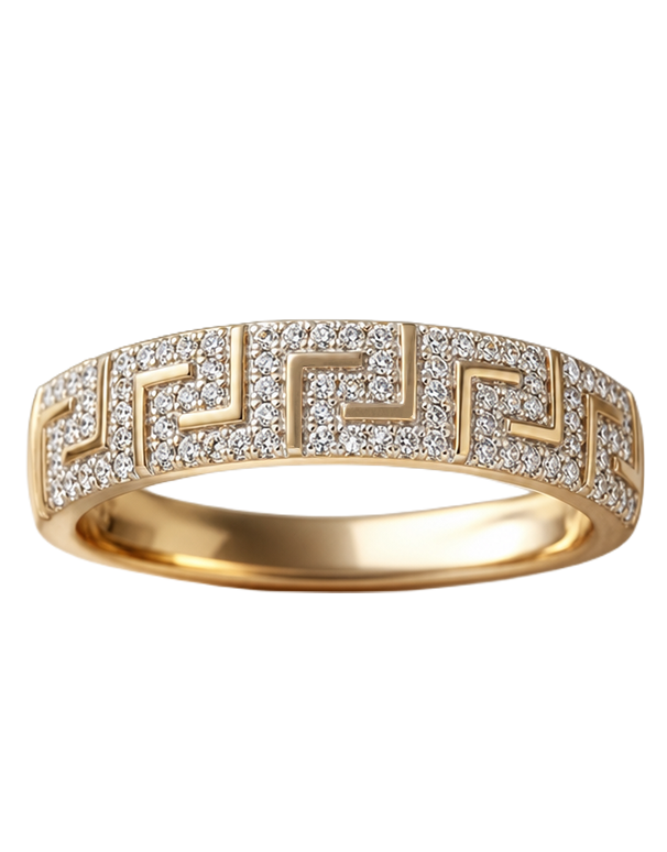 Diamond Ring - 10ct Yellow Gold Diamond Set Greek Pattern Ring - 788039
