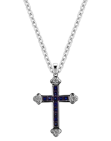 Sapphire Pendant - 10ct White Gold Sapphire & Diamond Set Cross Pendant - 784564