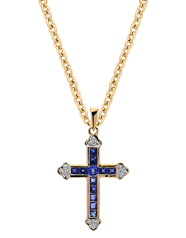 Sapphire cross necklace yellow gold discount