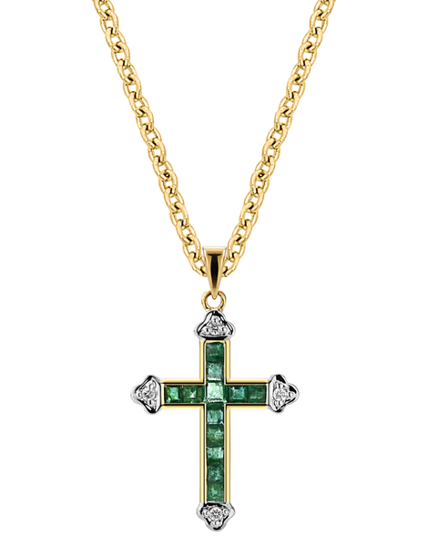 Emerald Pendant - 10ct Yellow Gold Emerald & Diamond Set Cross Pendant