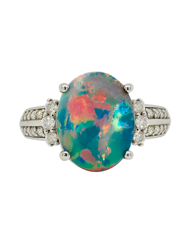 Opal Ring - 18ct White Gold Opal and Diamond Ring - 712506