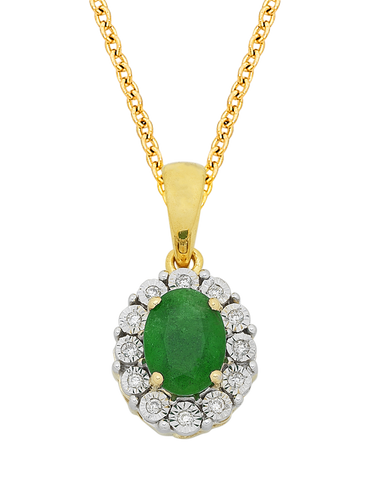 Emerald Pendant - 14ct Yellow Gold Emerald & Diamond Pendant - 761664