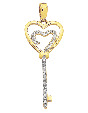 Diamond Pendant - 9ct Two Tone Gold Diamond Heart Key Pendant - 763817