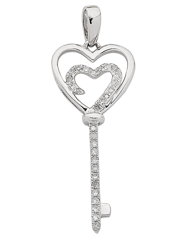 Diamond Pendant - 9ct White Gold Diamond Heart Key Pendant - 763818
