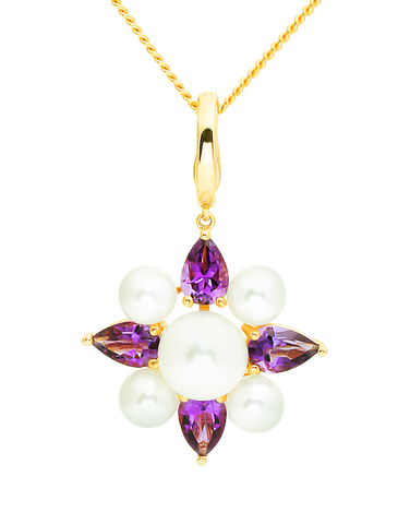 Gold Pendant - 14ct Yellow Gold Freshwater Pearl and Amethyst Enhancer Pendant - 771471