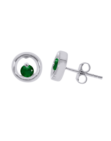 Emerald Earrings - 10ct White Gold Natural Emerald Circle Stud Earrings - 786594