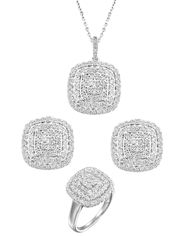 10ct White Gold Halon Diamond Cushion Pendant, Earrings & Ring Set