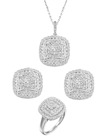 10ct White Gold Halon Diamond Cushion Pendant, Earrings & Ring Set