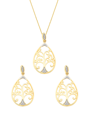 9ct Two Tone Tree of Life Diamond Pendant & Earrings Set